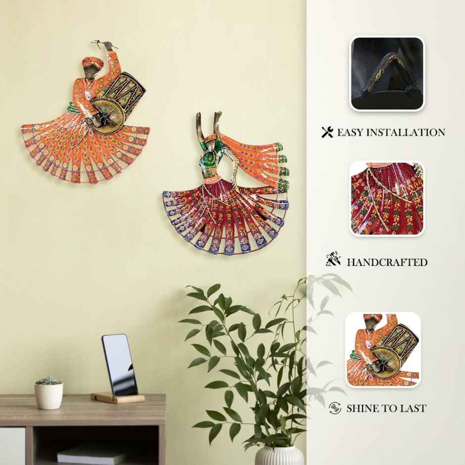 Ekhasa Rajasthani Dancers Metal Wall Decoration Items For Living Room, Art Sculpture For Wall Decor