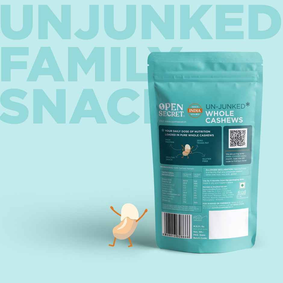 Open Secret Premium Whole Cashews (Kaju) -High Protein, Fasting Vrat Special, Healthy Snacking
