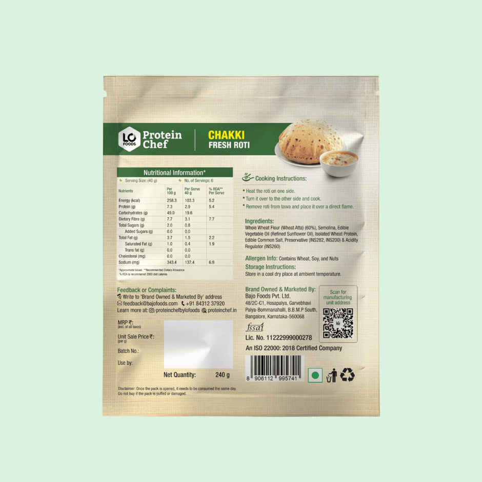 Protein Chef Whole Wheat Roti | Non Frozen | Fresh | Mp Sharbati Atta | Ready To Cook Chapati
