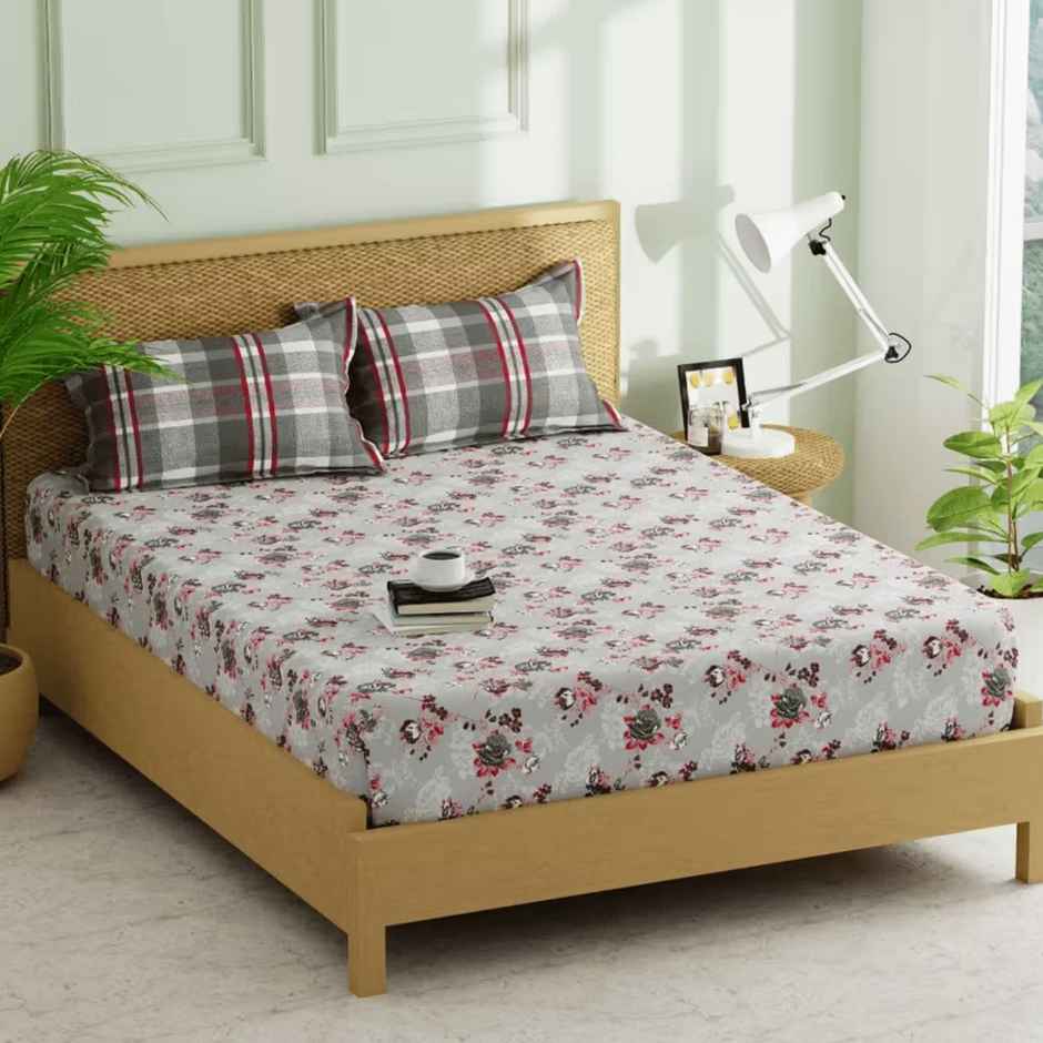 Kopa Extra Smooth Micro Double Bedsheet With 2 Pillow Covers | Set of 3 | Lorenzo Floral - Grey Red