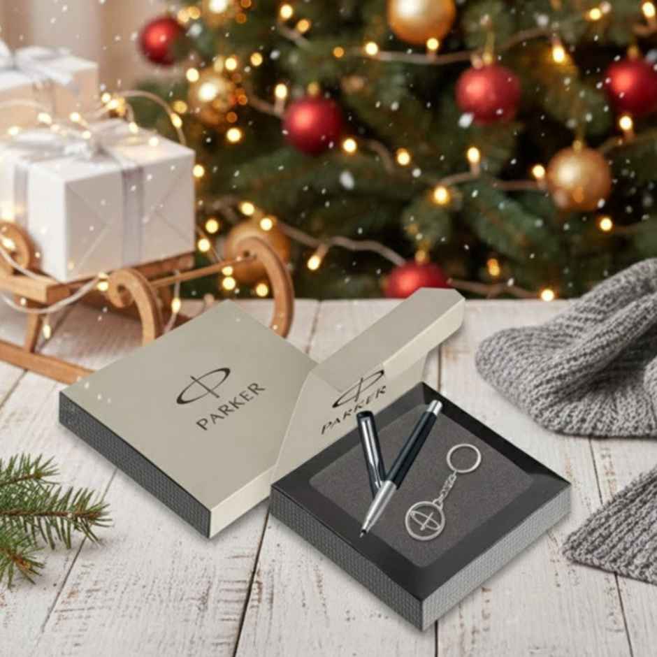 Parker Vector Standard Chrome Trim Roller Ball Pen with Silver Key Chain Gift Set | Ink Color- Black