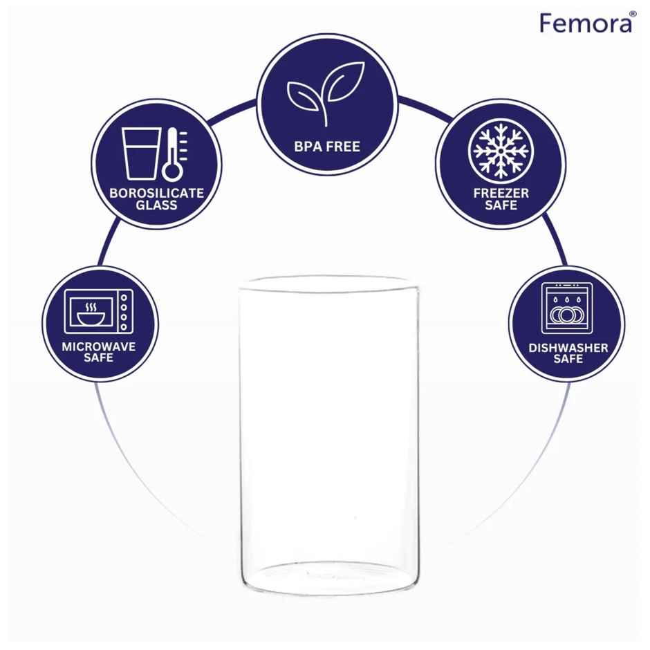 Femora Borosilicate Glass Tumbler Glass Set 300Ml 6 Pcs Microwave Safe
