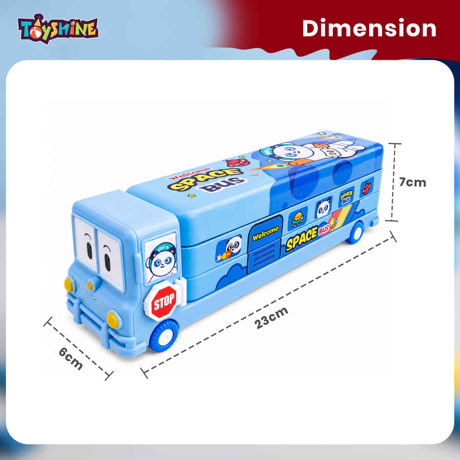 Toyshine Cartoon Printed School Bus Metal Pencil Box With Moving Tyres And Sharpener For Kids - Blue