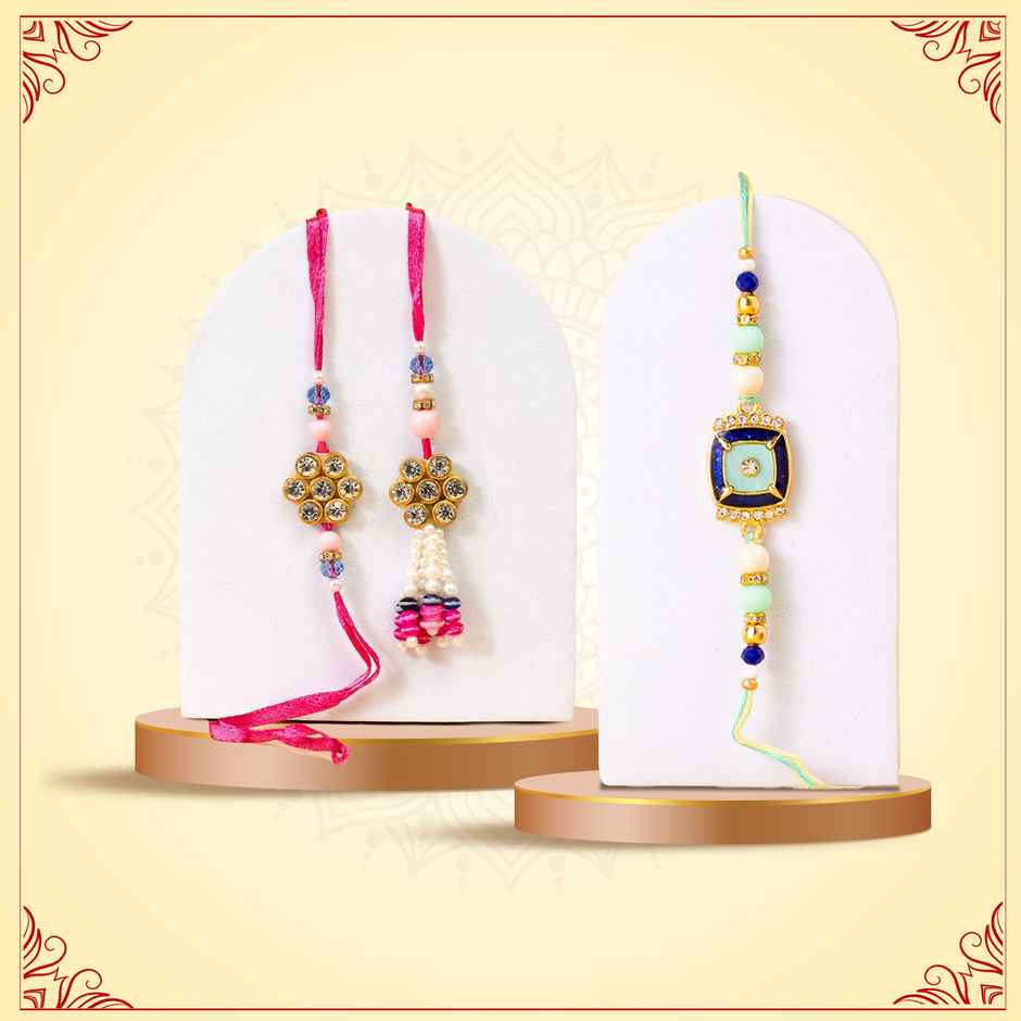 Bandhan Desinger Unique Minimalistic Pink Rakhi Lumba Set For Brother And Bhabhi (1pc) & Avyaan Rakhi - Men'S Single - Abstract (1pc) Combo