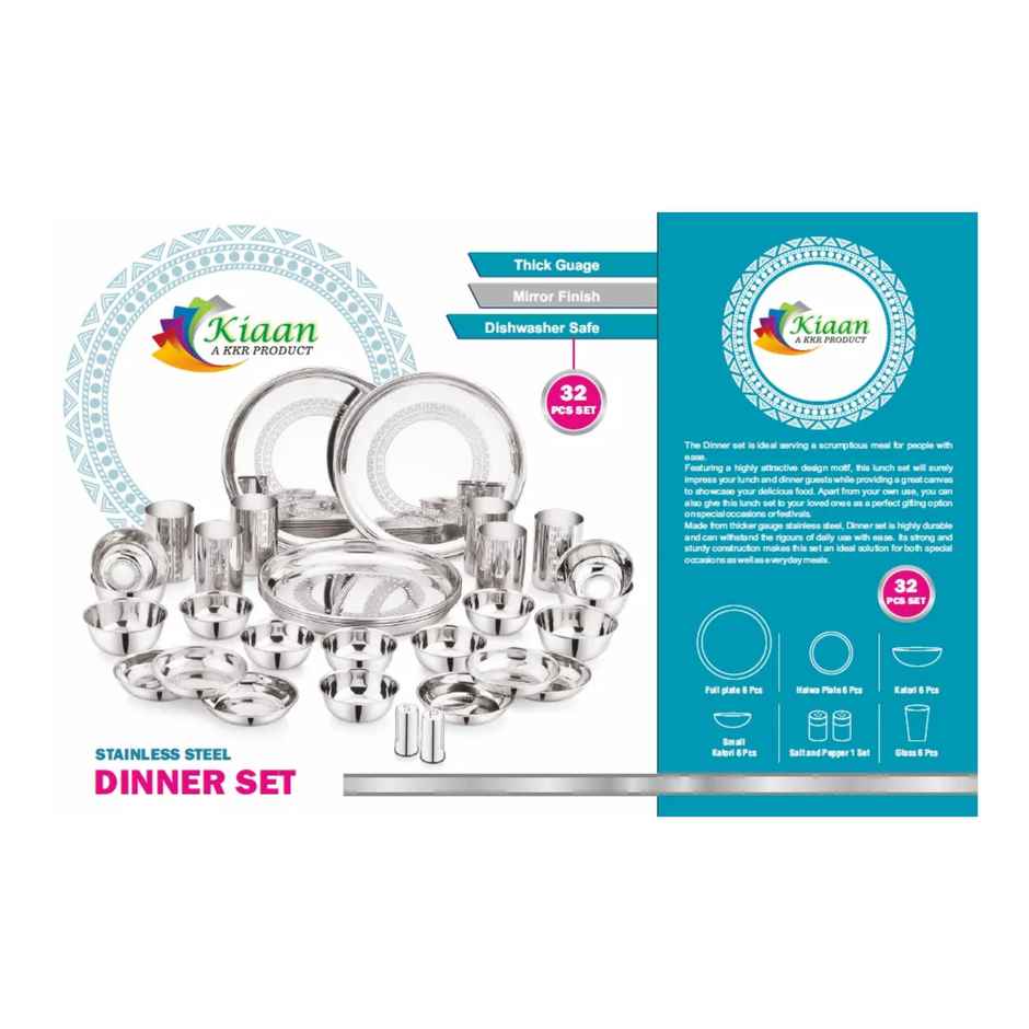 Stainless Steel Striped Dinner Set 6 Plate, 6 Dessert Plate, 6 Curry Bowl, 6 Glass (32 Piece)