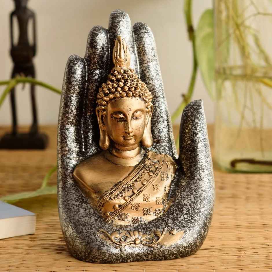 eCraftIndia Golden, Silver & Black Resin Handcrafted Palm Buddha Statue