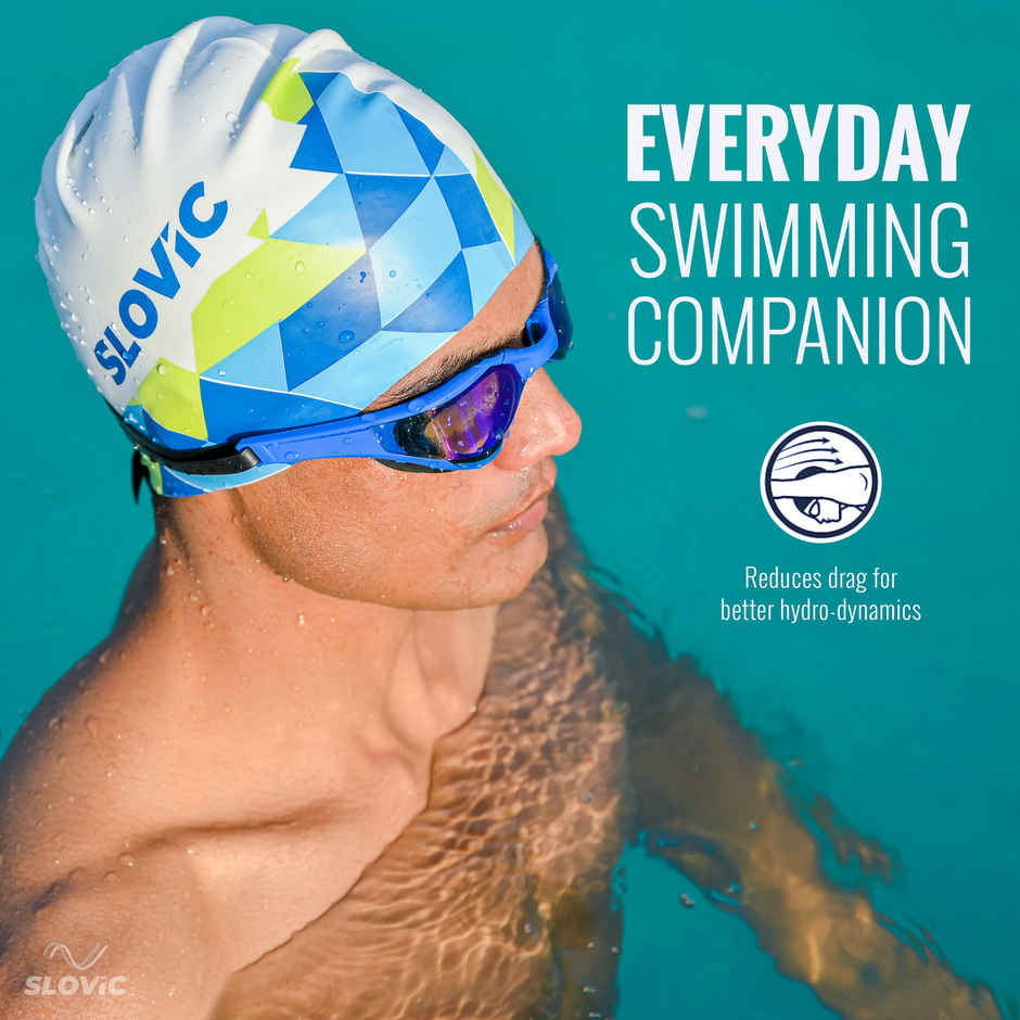 Slovic Adult Swimming Cap - White & Blue Pattern, Stretchable Waterproof Comfortable Fit