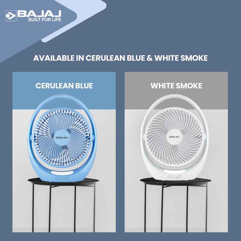 Bajaj Pygmy Go Mini Fan with LED Lighting, 178MM, Rechargeable, USB Charging, 4-hours Battery Backup, 3 Speed, 2-Light Brightness Setting - Blue