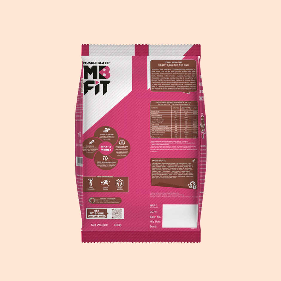 MuscleBlaze Fit High Protein Muesli (Dark Chocolate & Cranberry, 400g) | 22g Protein