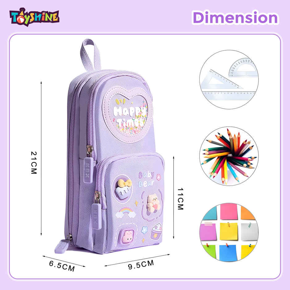 Toyshine 3 Layer Large Capacity Handheld Multifunctional Pencil Pouch for School Kids | Purple