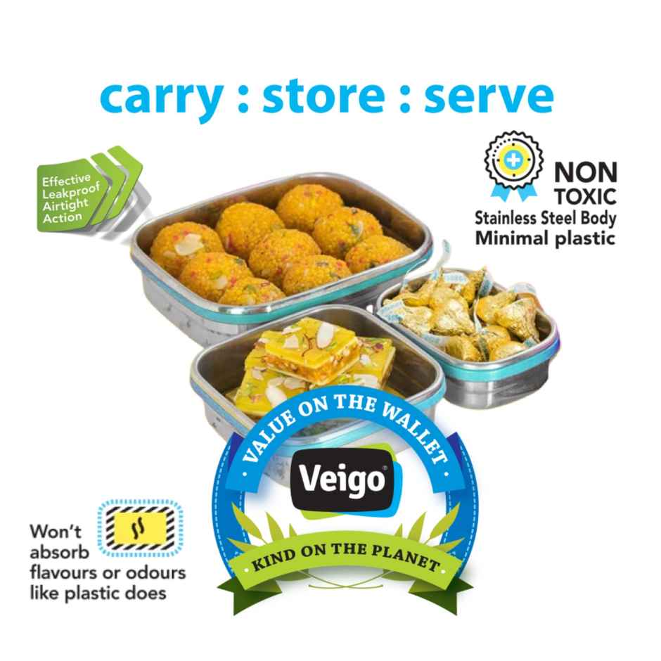 Veigo Ready to Gift Celebration Pack of 3 Leakproof Steel Lunchbox | 630+330+180 ml Aqua Blue