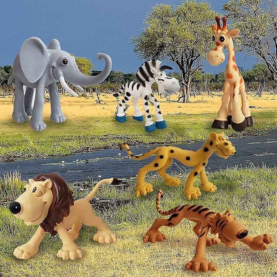 Toyshine Cartoon Style Pack of 6 Animal Rubber Play Toy for Kids Baby 2-5 Year Old