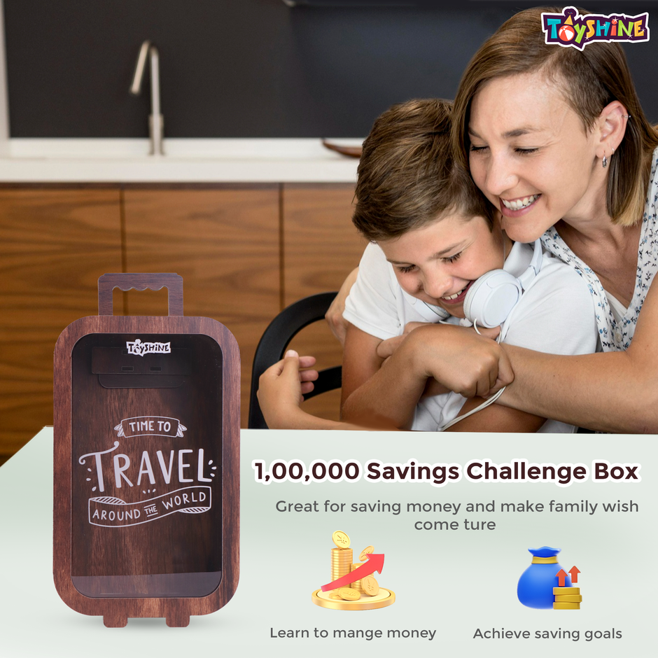 Toyshine Wooden Suitcase Piggy Bank with 1 Lakh Savings Challenge for Kids & Adults