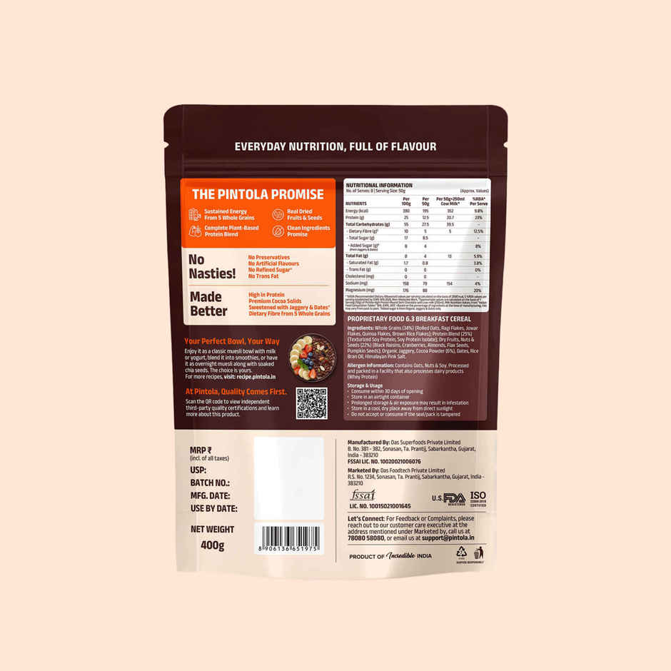 Pintola 25g High Protein Muesli Dark Chocolate & Cranberry, Trans Fat Free