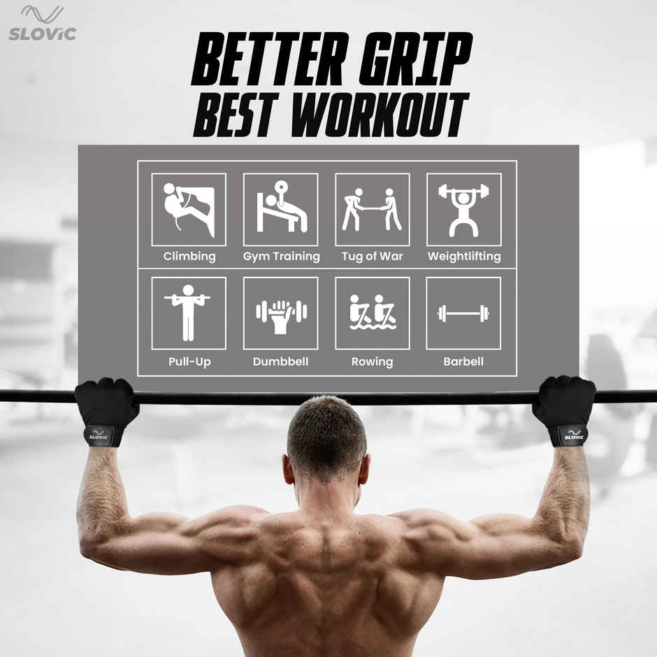 Slovic Leather Gym Gloves for Men & Women Weightlifting & Workout - Black