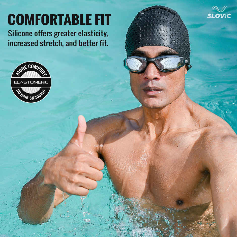 Slovic Embossed Swimming Cap - Stretchable Silicone for Men & Women - Skin Friendly - Free Size | Black
