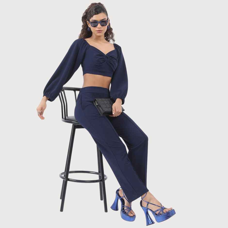 Ketch Women Sweet Heart Neck Top With Trouser Co-ords | Blue | S