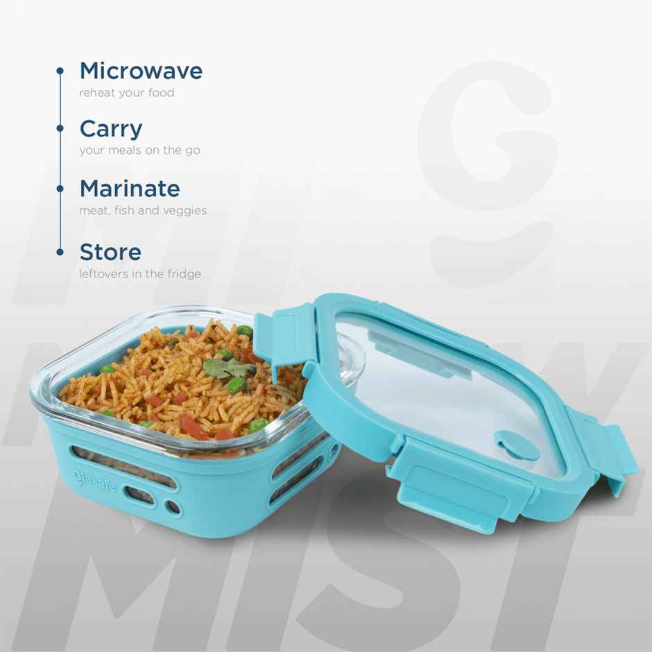 Glasafe Fresh Grip Borosilicate Glass Tiffin With Protective Silicone Sleeve (Mellow Mist) 520Ml