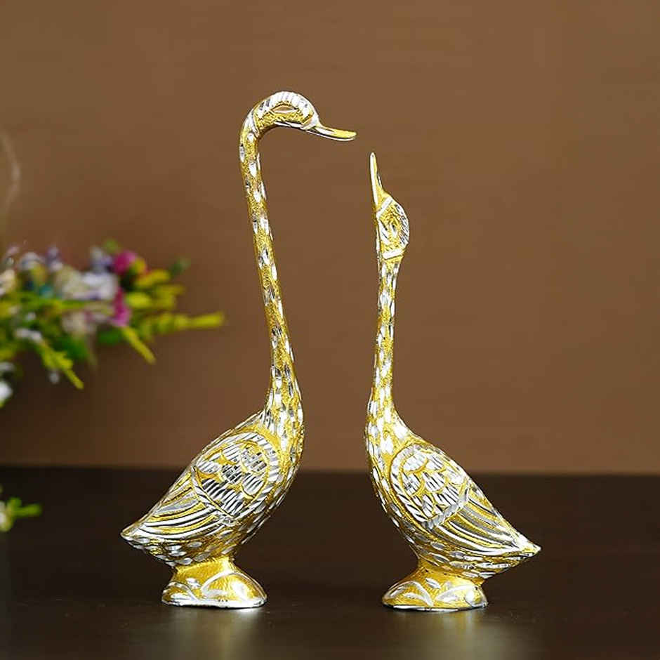 eCraftIndia Elegant Silver and Golden Kissing Swan Couple Statue