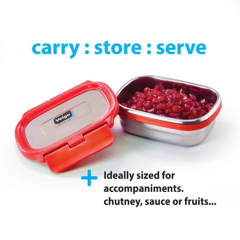 Veigo Large W/Veg Box Stainless Steel Leak Proof Tiffin Box (630+180 ml) For School,Office - Red