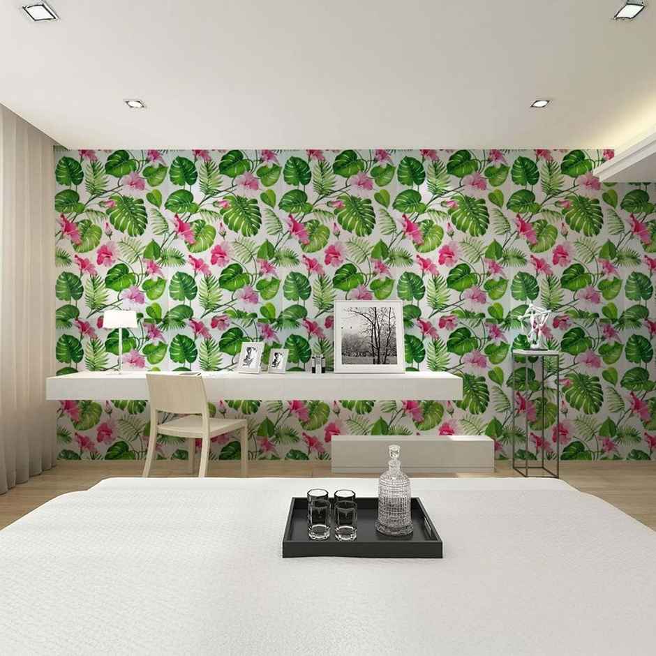 Wollzo Leaves And Flowers Self Adhesive Wallpaper (45 X 500 Cm)