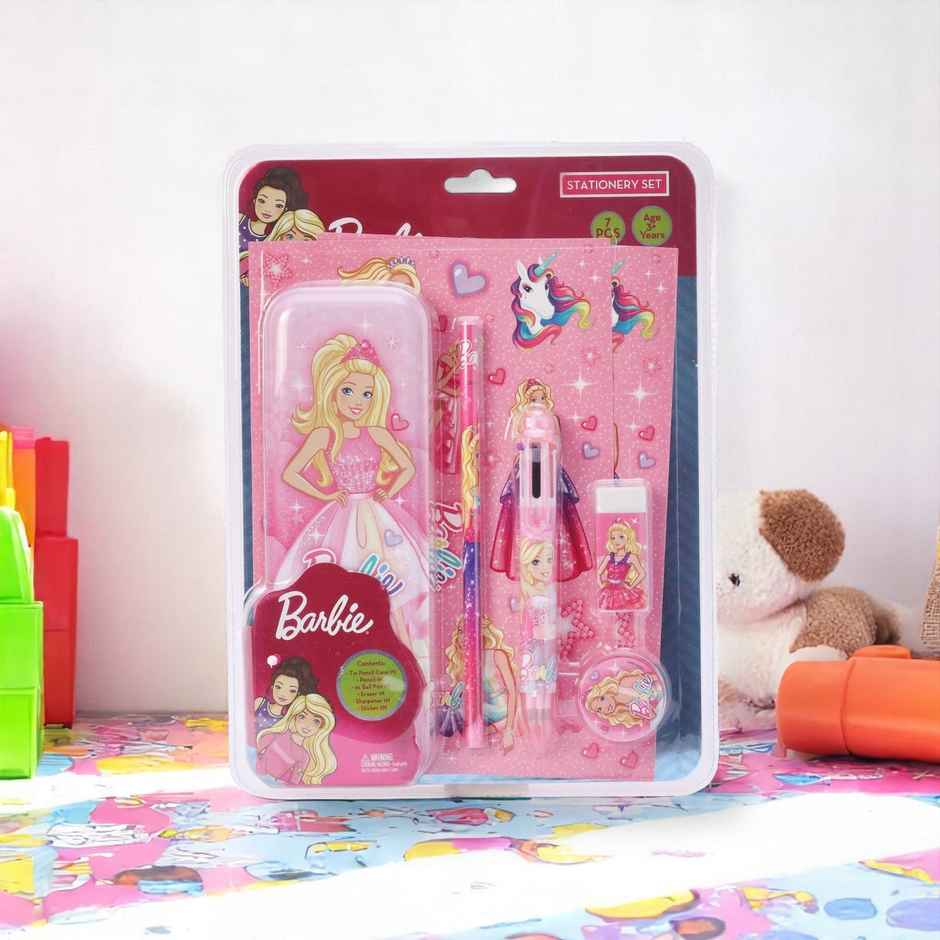 Barbie Stationery Set (7Pcs) With Barbie Theme 1 Tin Pencil Case, 1 Pencil Gift For Kids
