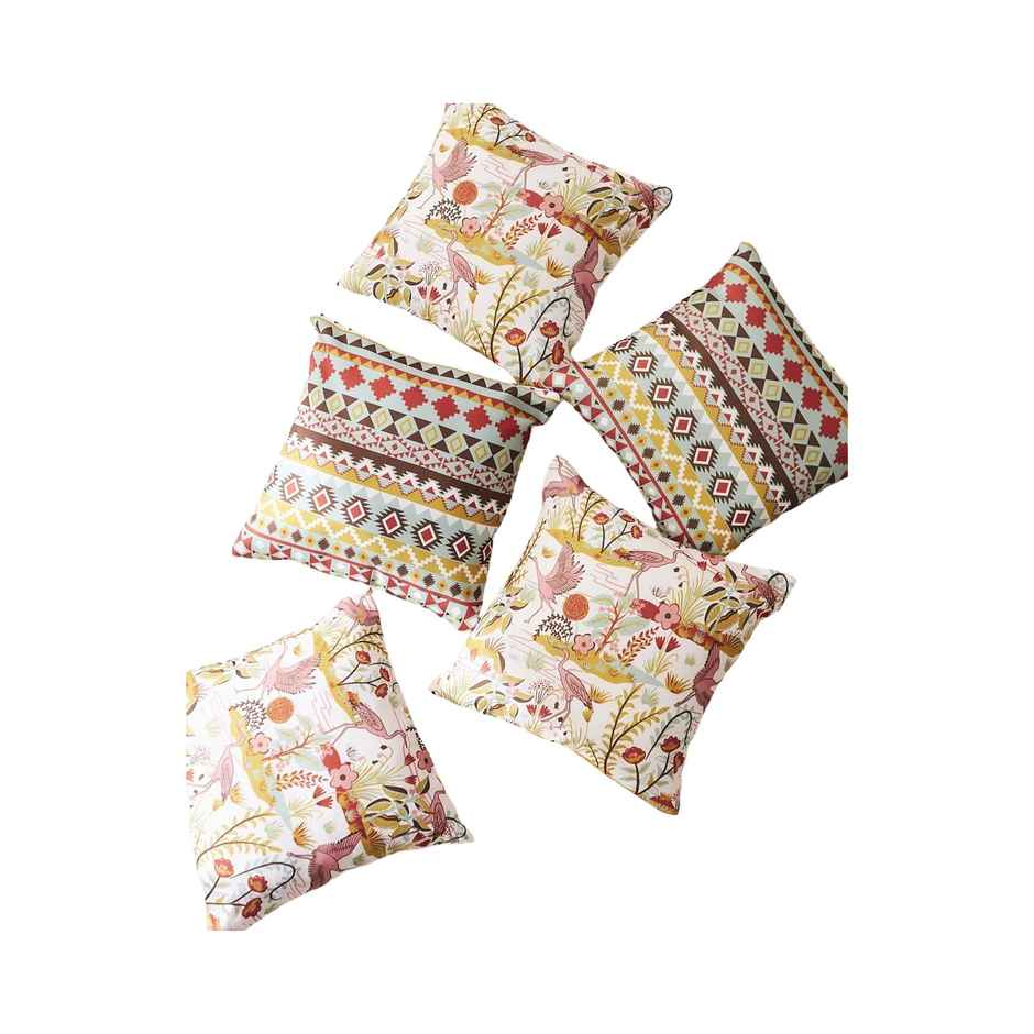 Teal By Chumbak | Peachy Crane 16 inch Cushion Covers Set Of 5