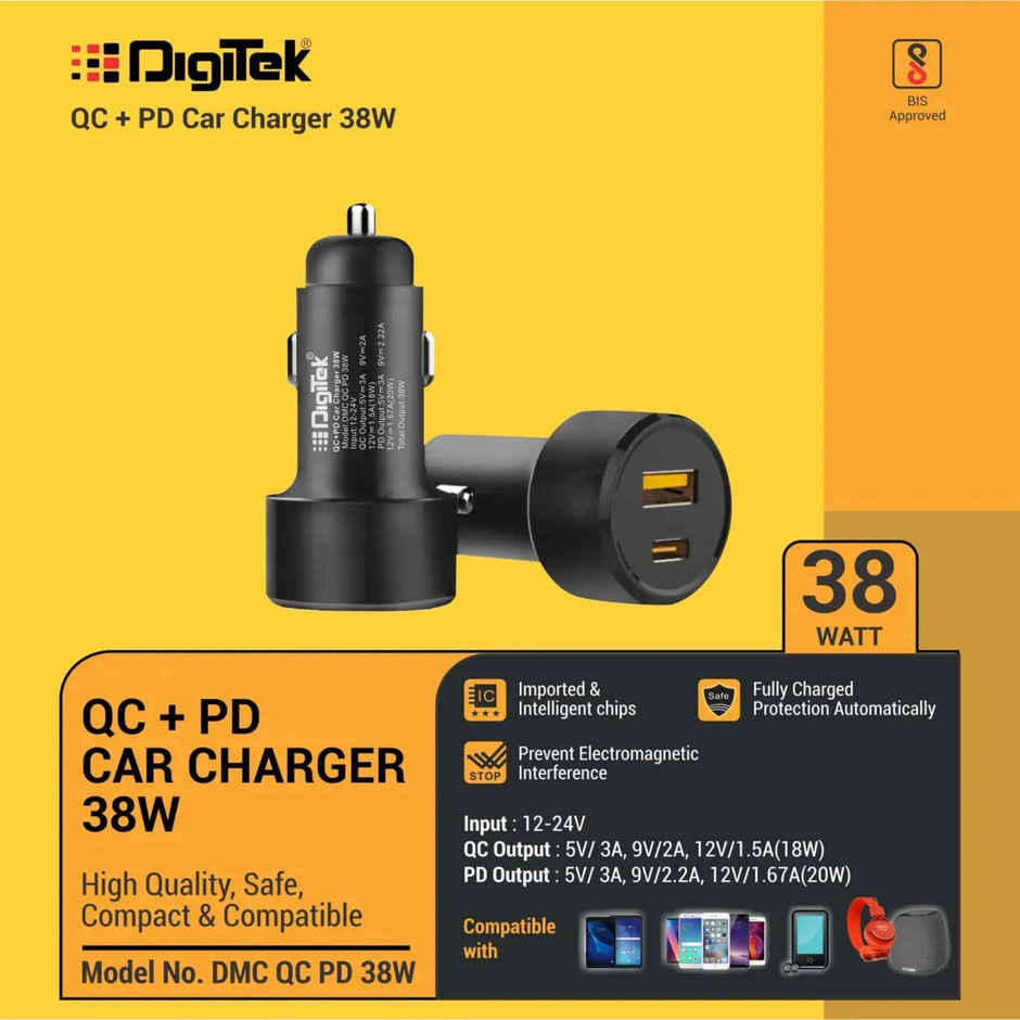 Digitek (Dmc Qc Pd 38W) Fast Car Charger With Dual 38 Watts Total (18W Qc + 20W Type C Pd) (Black)