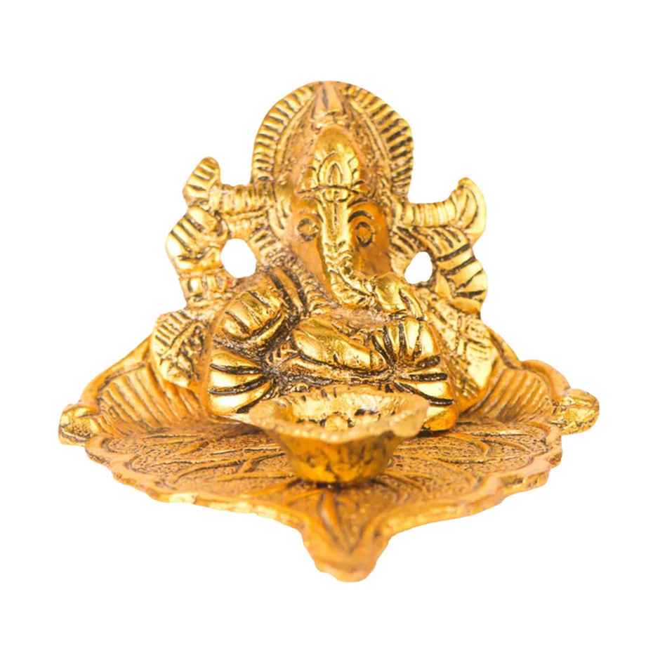 Diya Ganesh on Gold Peepal Leaf | Golden | Metal | Diya-Pooja | Devnidhi