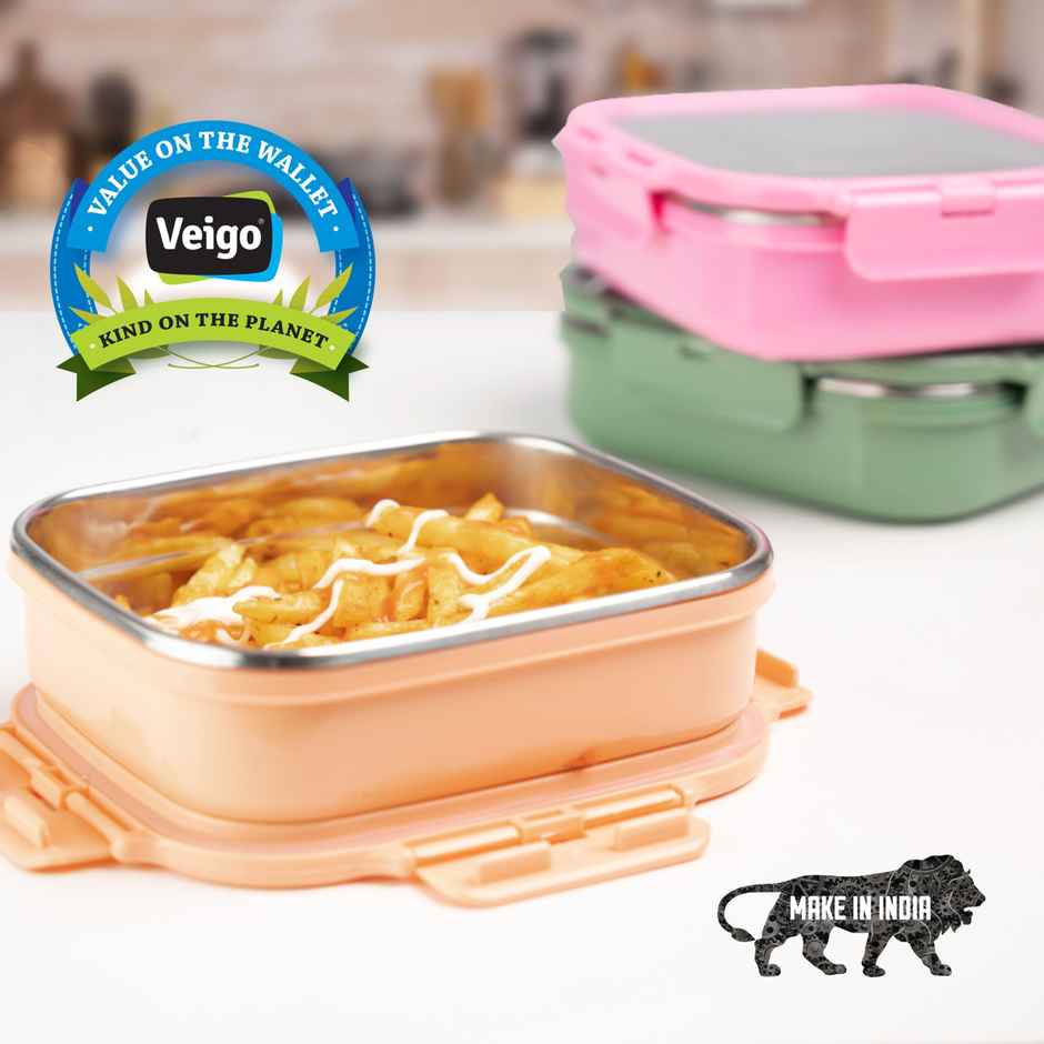 Veigo Heatup Large - Microwave Safe Stainless Steel Leakproof Tiffin Box (630Ml) Peach Fuzz