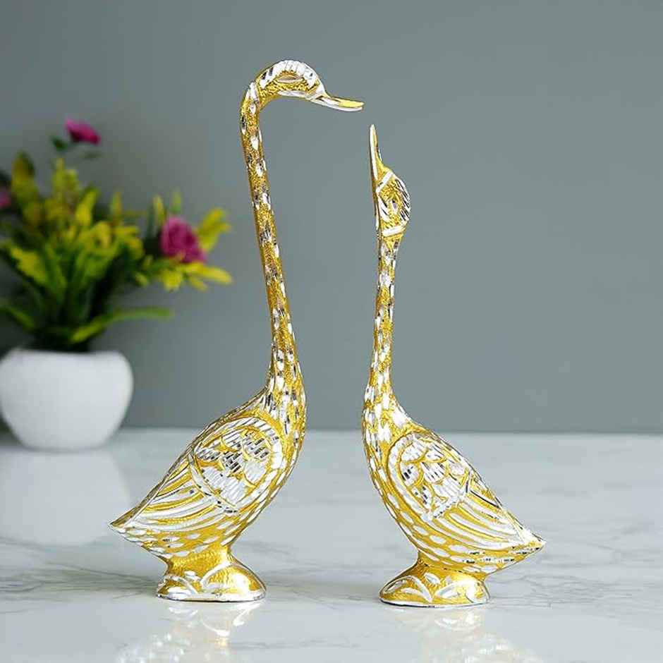 eCraftIndia Elegant Silver and Golden Kissing Swan Couple Statue