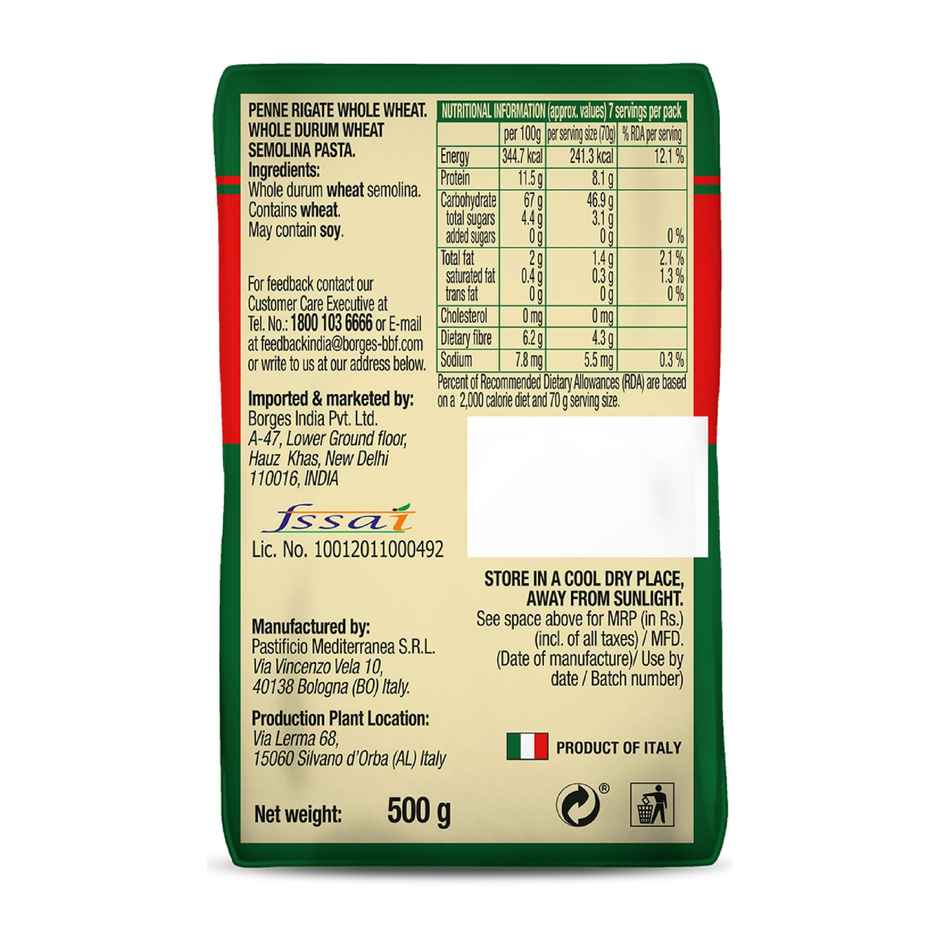 BORGES Whole Durum Wheat Pasta Penne Rigate