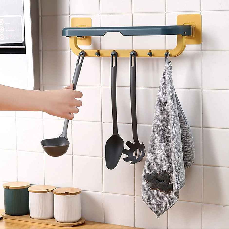 Clazkit Wall Mounted Double Bar Towel Holder With Hooks For Kitchen/Bathroom Pack Of 1