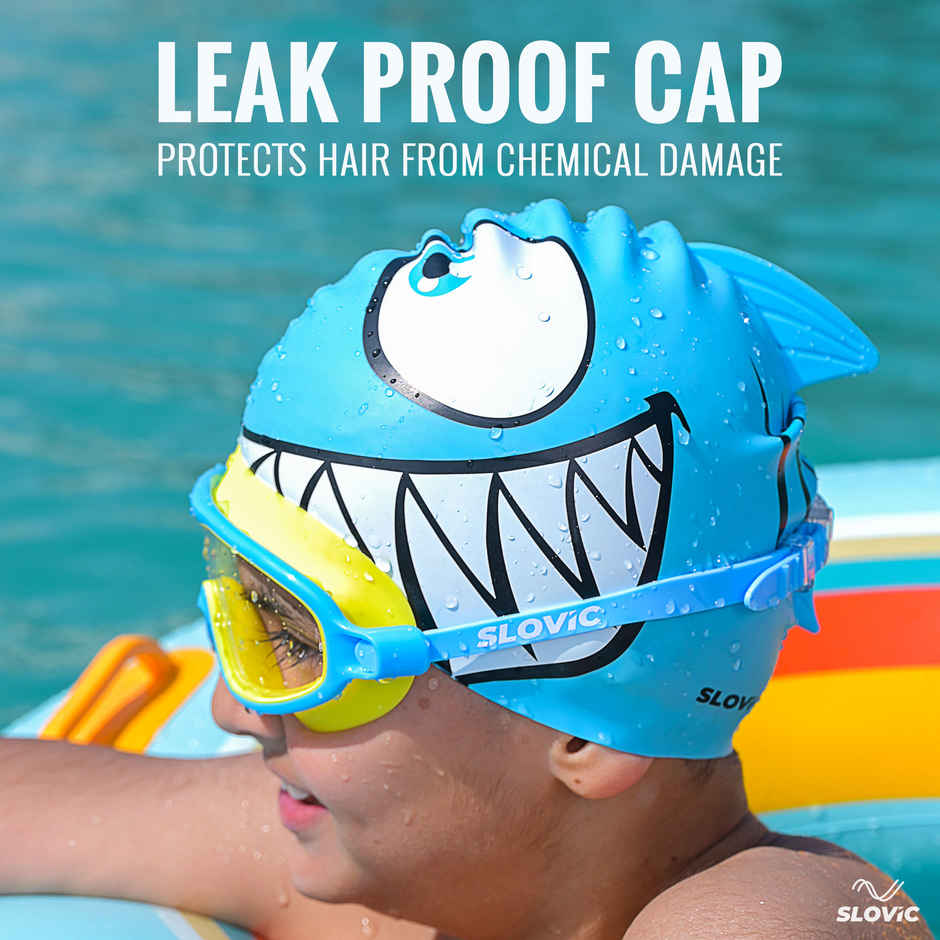 Slovic Kids Swimming Cap - Shark Design, Stretchable Soft Waterproof Swim Cap | Blue