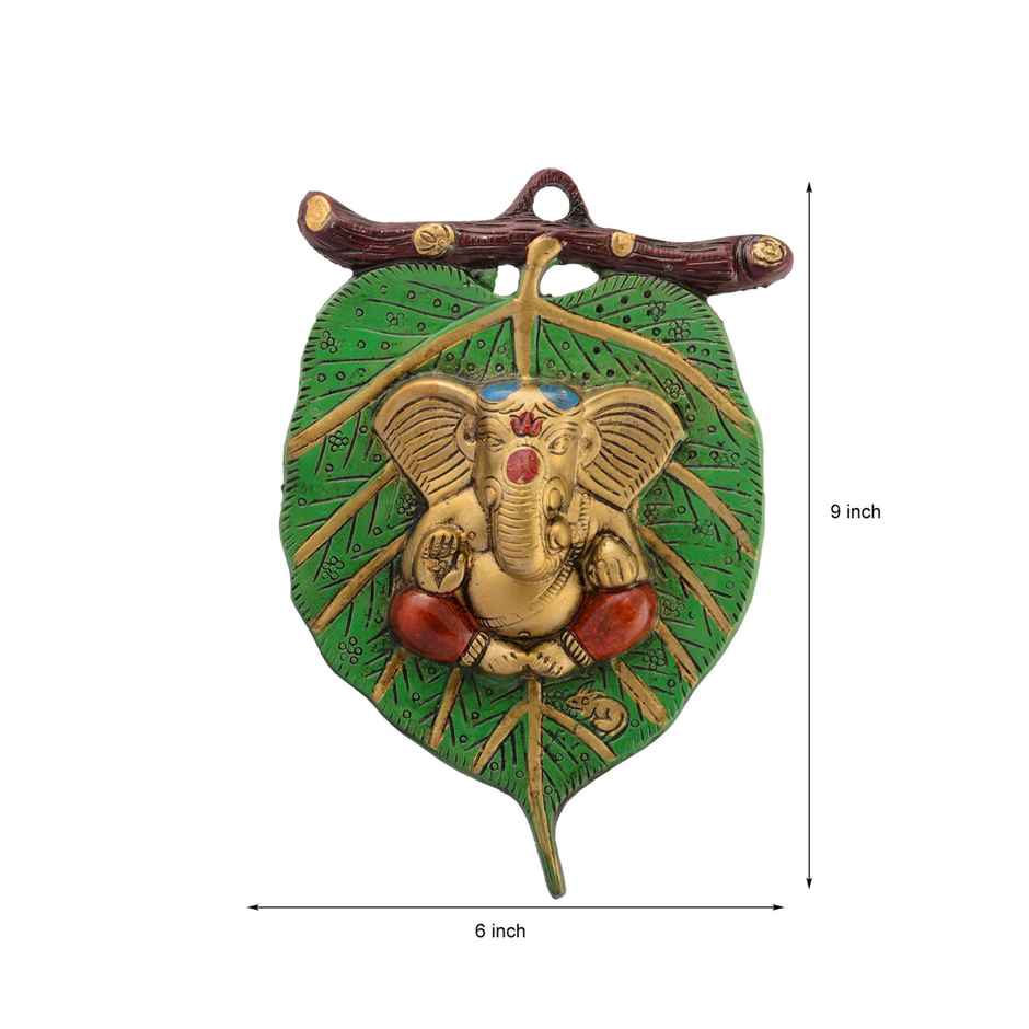 eCraftIndia Lord Ganesha in Red Dhoti on Green Leaf Wall Hanging