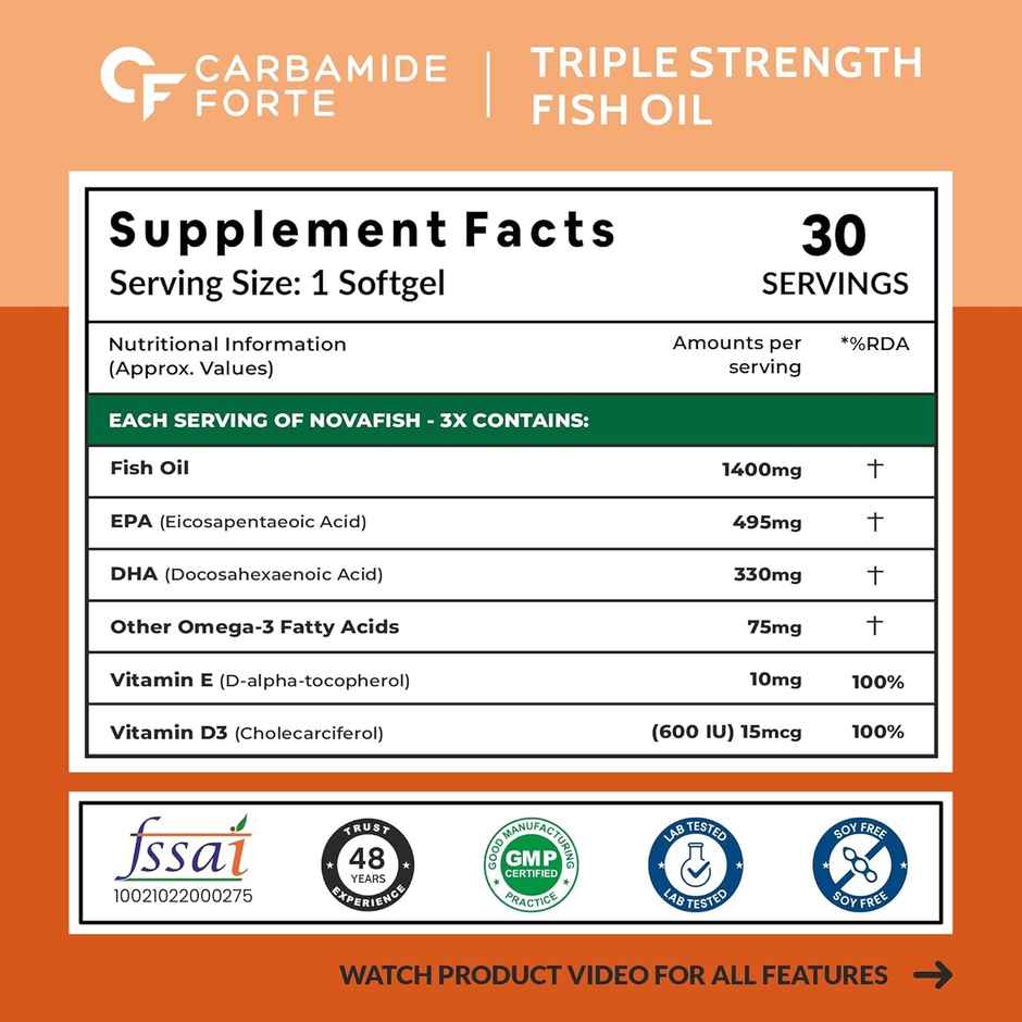 Carbamide Forte Triple Strength Omega 3 Fish Oil 1400mg with Multivitamin Capsule for Men & Women - 30 Capsules