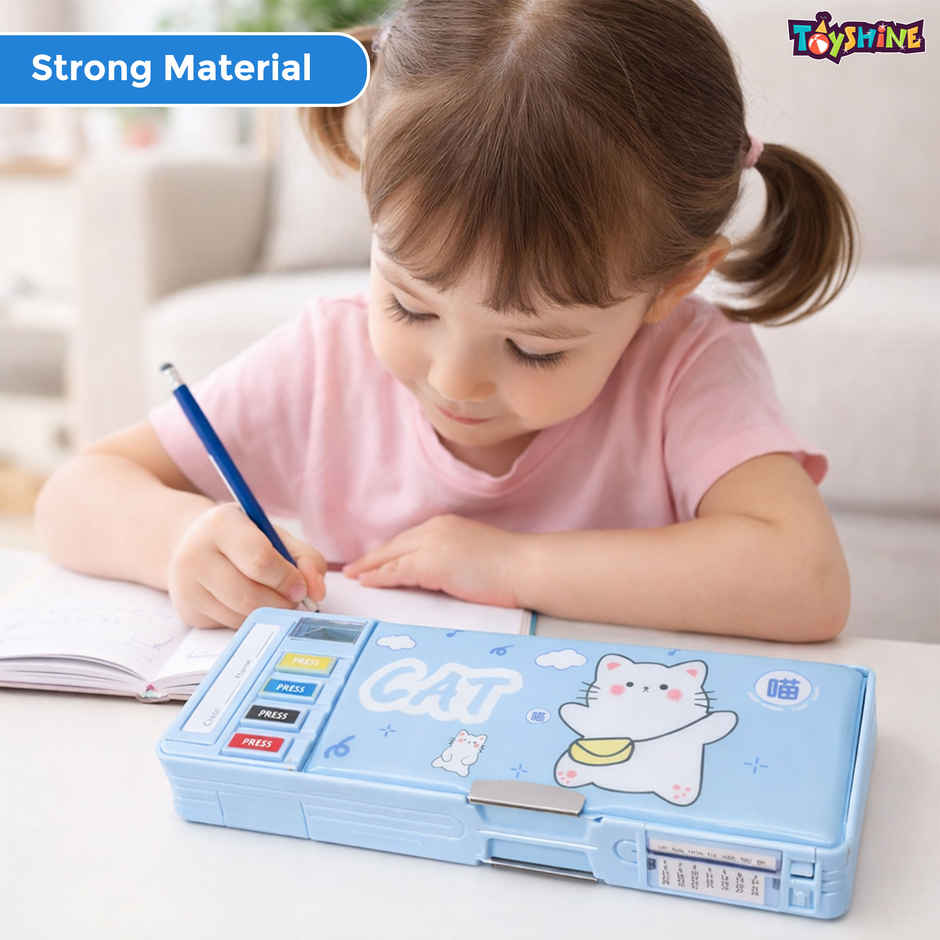 Toyshine Lovely Cat Button Operated Pencil Box with Sharpener & Pen Stand | Blue