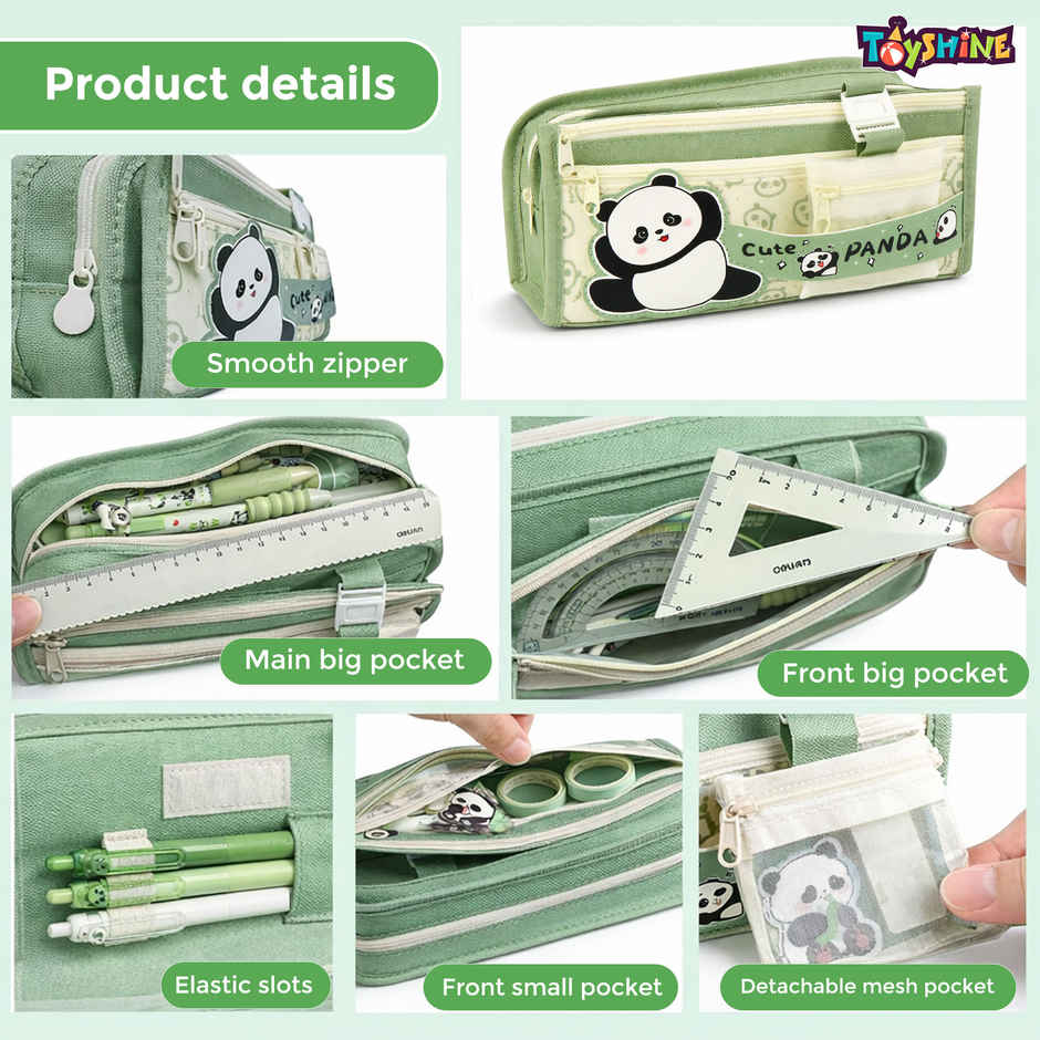 Toyshine Cute Panda three Compartment Pencil Pouch Large Capacity | Green