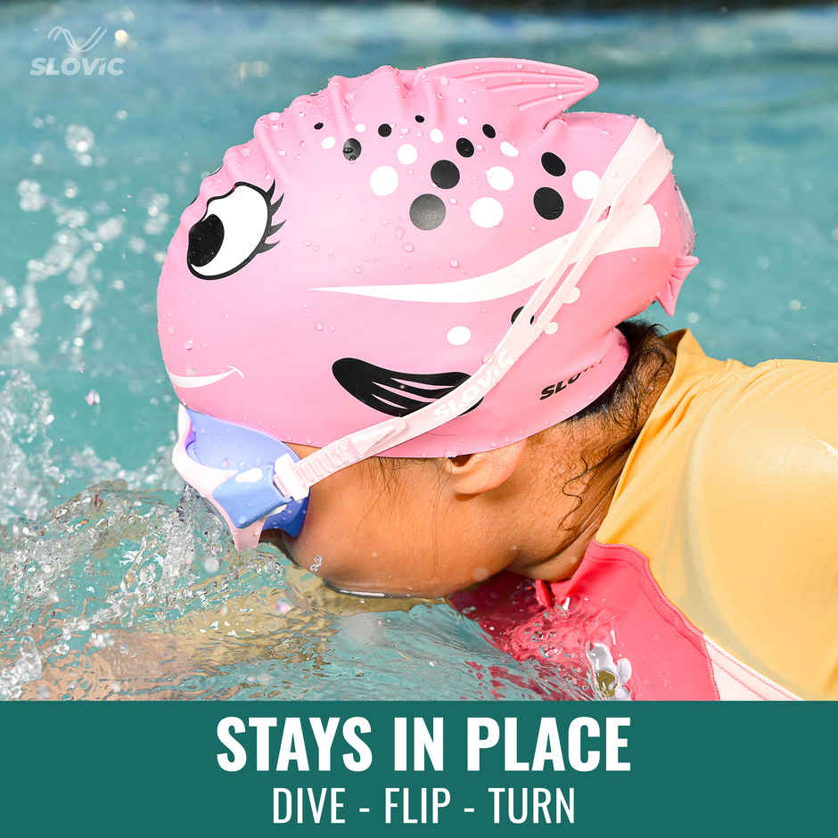 Slovic Kids Swimming Cap - Fish Design (Red Rose), Soft Stretchable Waterproof Swim Cap