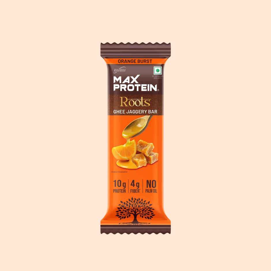 Max Protein Roots Ghee Jaggery 10g Protein Bar | Orange Burst | No Palm Oil | 4g Fiber