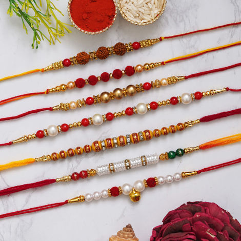 Religious Multicolor Rudraksha, Beads, Pearls, Designer Rakhis & Roli Chawal Pack Rakhis for Brothers (eCraftIndia) Set of 7