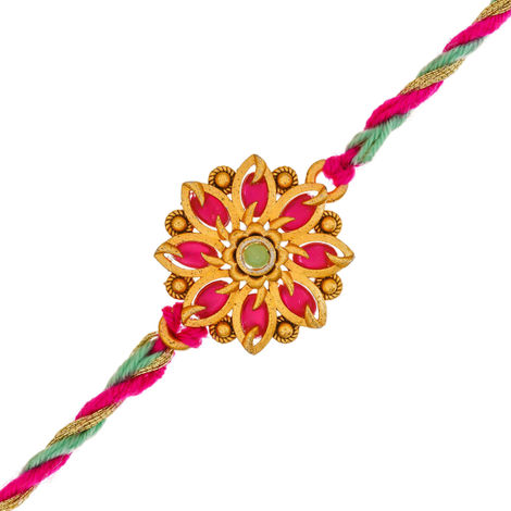 Floral Pink Flower Designer Rakhi for Bhaiya, Bhai, Bhabhi and Kids with Roli Chawal Pack (eCraftIndia)