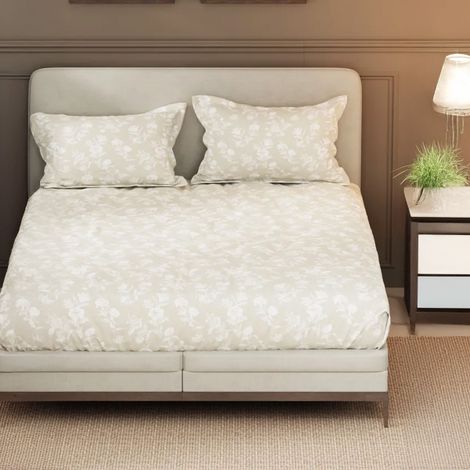 Nautica Designer 100% Satin Cotton Xl King Bedsheet With 2 Pillow Covers - 3Pc Set Floral-Sand