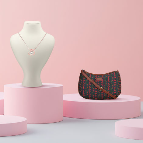 Zouk Shobha Niwas Lotus Motif Structured Shoulder Bag(1pc) & Giva Rose Gold Whole Heart Necklace(1pc) Combo