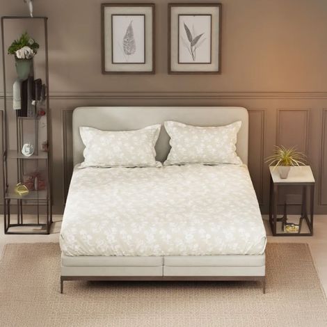 Nautica Designer 100% Satin Cotton Xl King Bedsheet With 2 Pillow Covers - 3Pc Set Floral-Sand