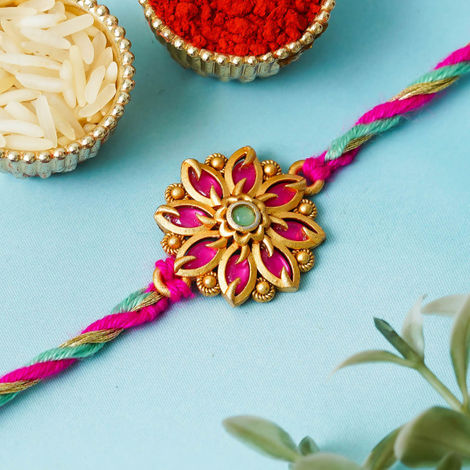 Floral Pink Flower Designer Rakhi for Bhaiya, Bhai, Bhabhi and Kids with Roli Chawal Pack (eCraftIndia)