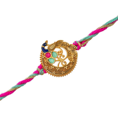 Kundan Peacock Kundan Rakhi for Bhai and Bhaiya with Roli Chawal Pack (eCraftIndia)