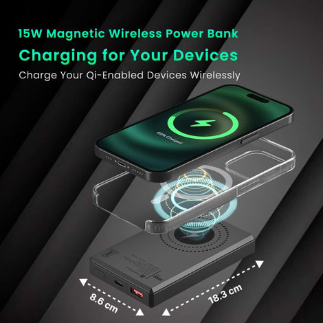Portronics 15W Magnetic 10000 mAh Wireless Power Bank(Dark Grey)