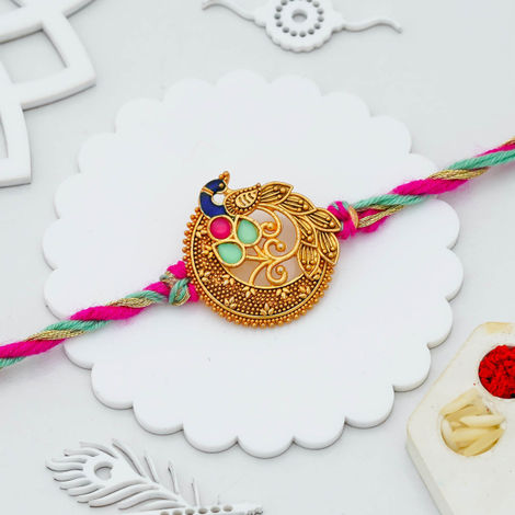 Kundan Peacock Kundan Rakhi for Bhai and Bhaiya with Roli Chawal Pack (eCraftIndia)