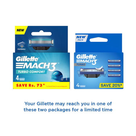 Gillette Mach3 Turbo 3-Bladed Cartridges with Comfort Gel Bar (Pack of 4)